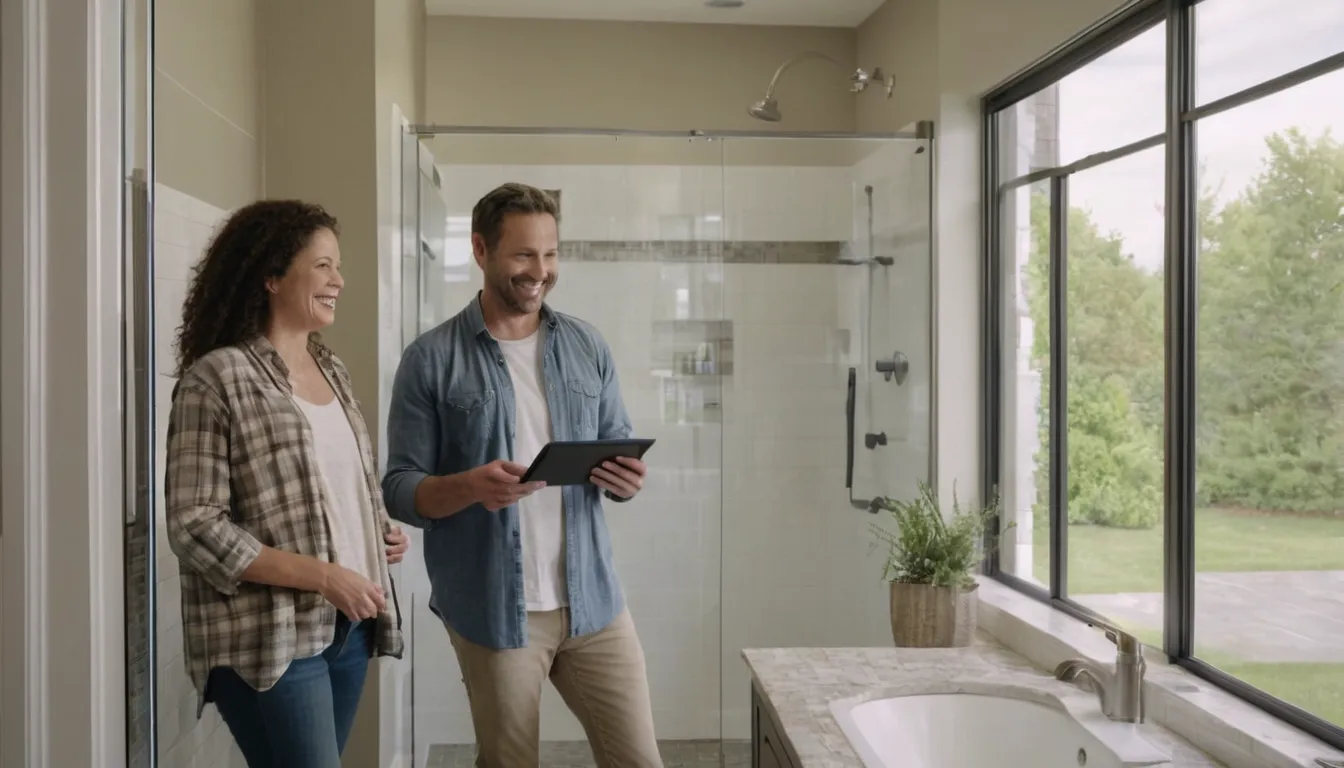 Homeowners and a local remodeling provider reviewing bathroom plans in a bright home near Denver